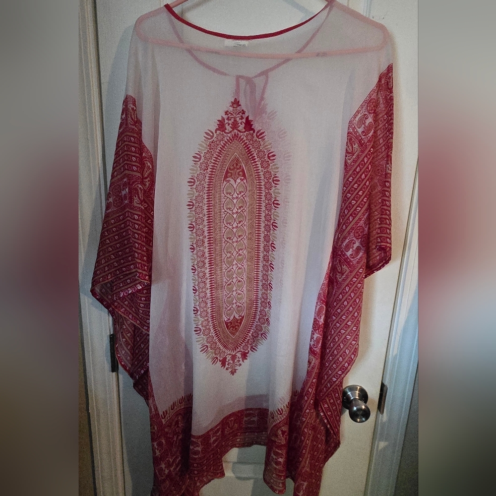 Ami White Sheer Tunic with Red Trim and Tassel Ties